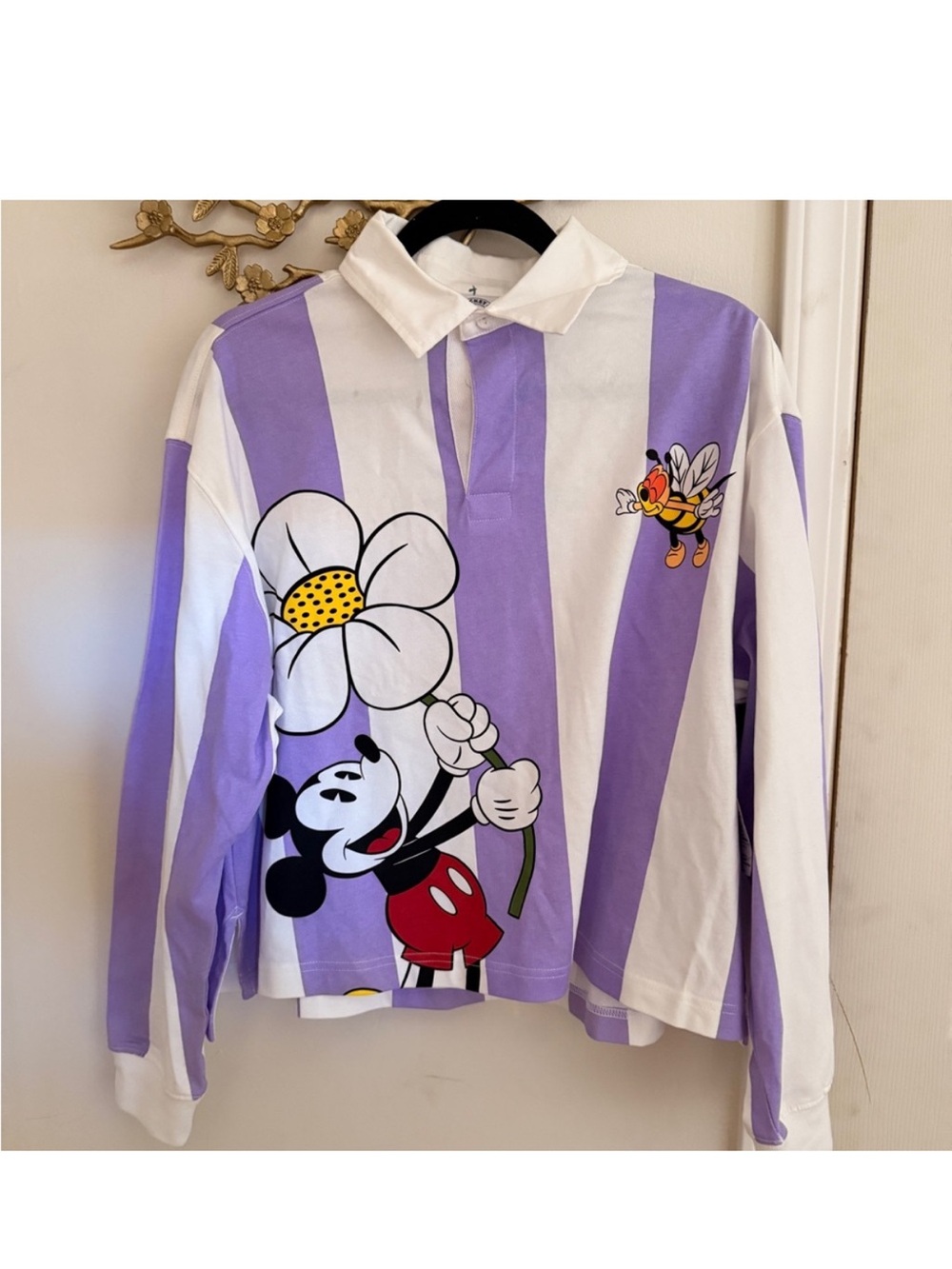 Disney Purple & White Striped Mickey Floral Rugby Top